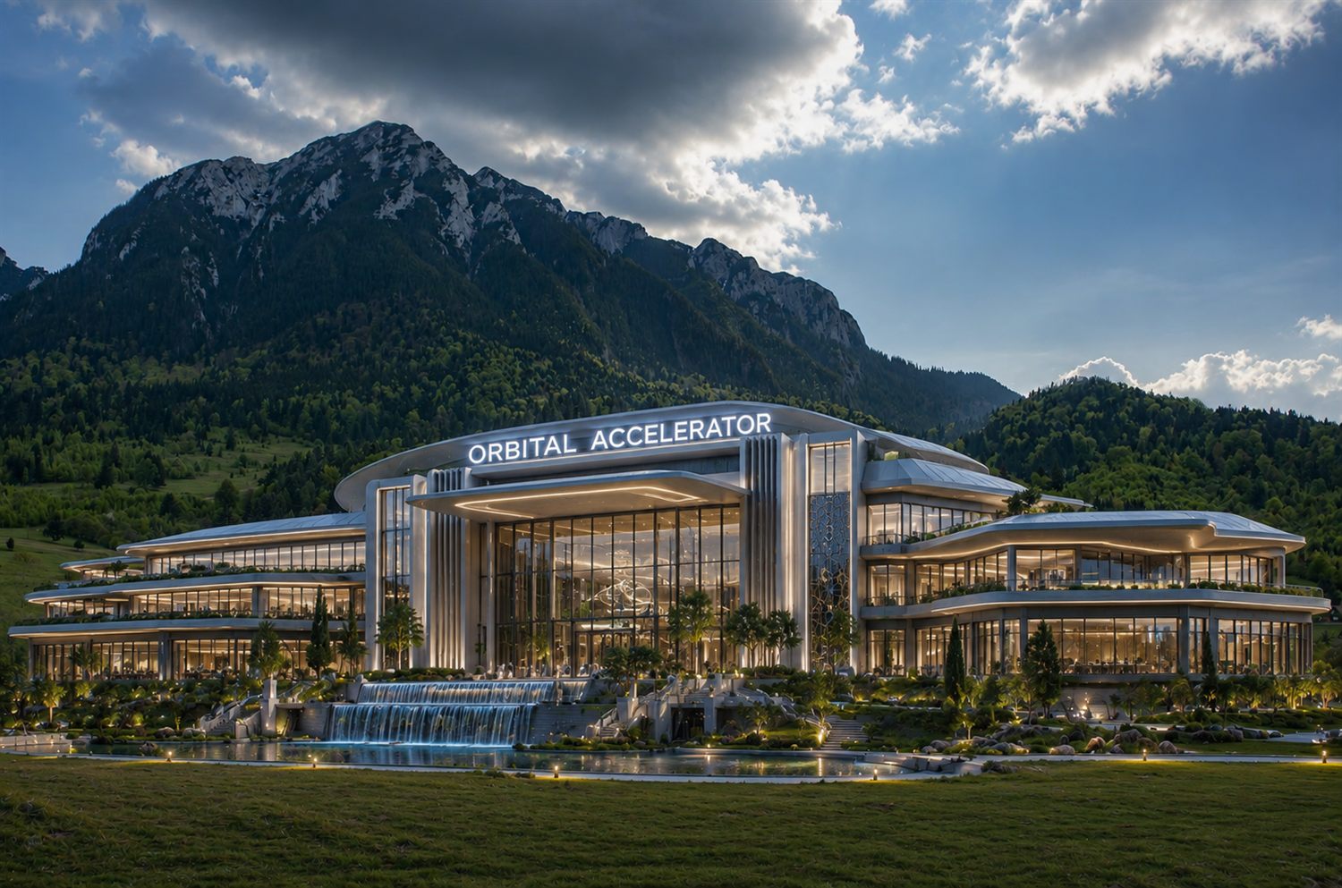 Concept rendering of a contemporary campus scheme: a sweeping curved roof over full-height glazing, with terraced water below and a mountain massif behind