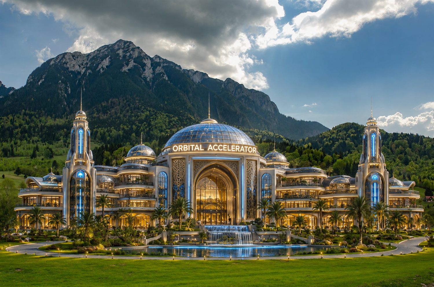 Concept rendering of the ORBITAL ACCELERATOR campus at dusk: a domed palatial main building with lit colonnades, fountains and palms, backed by Carpathian peaks